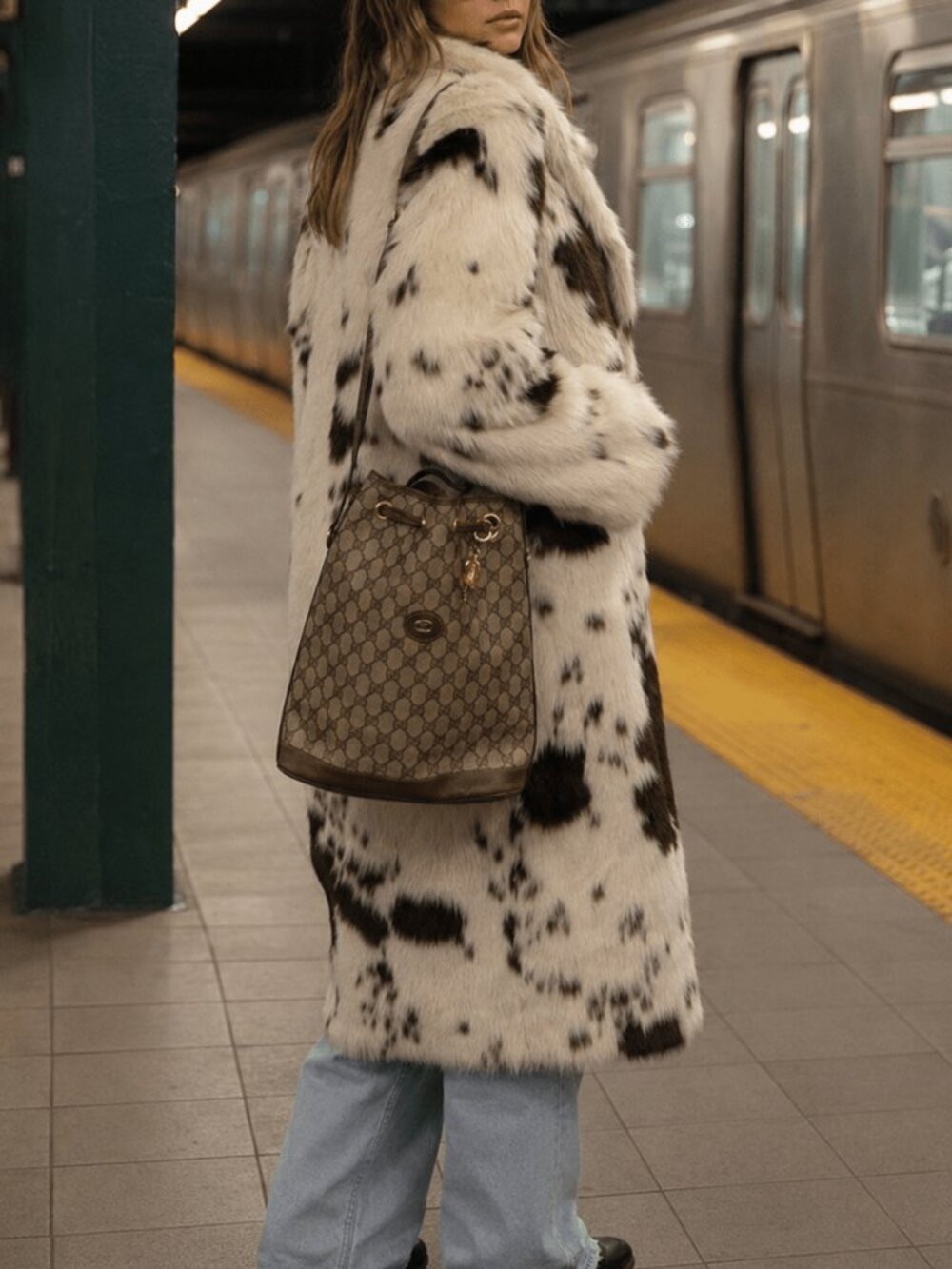 Multicolor Preppy Women's Long Faux Fur Coat - Picture 2 of 4